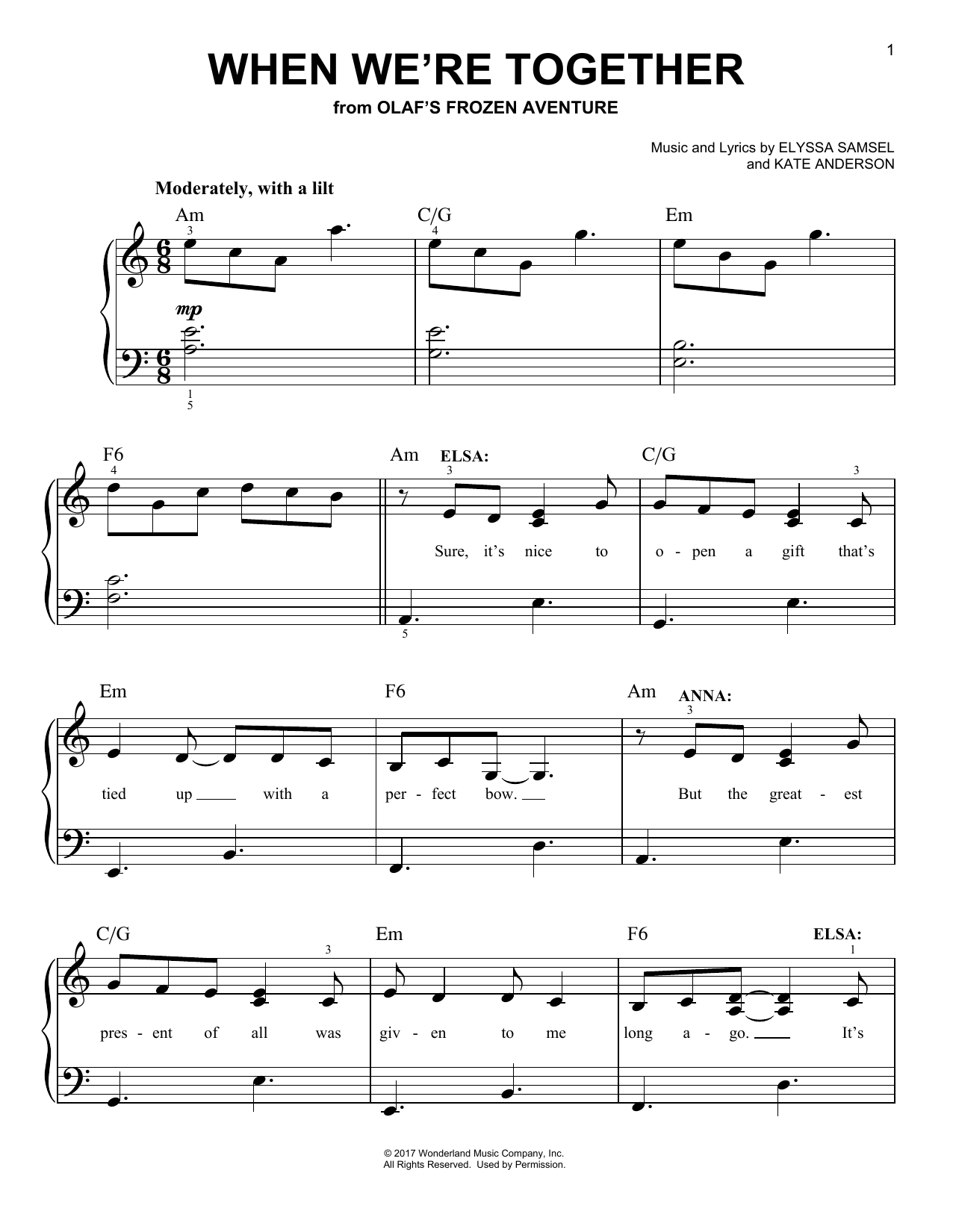 Kate Anderson When We're Together (from Olaf's Frozen Adventure) sheet music notes and chords. Download Printable PDF.