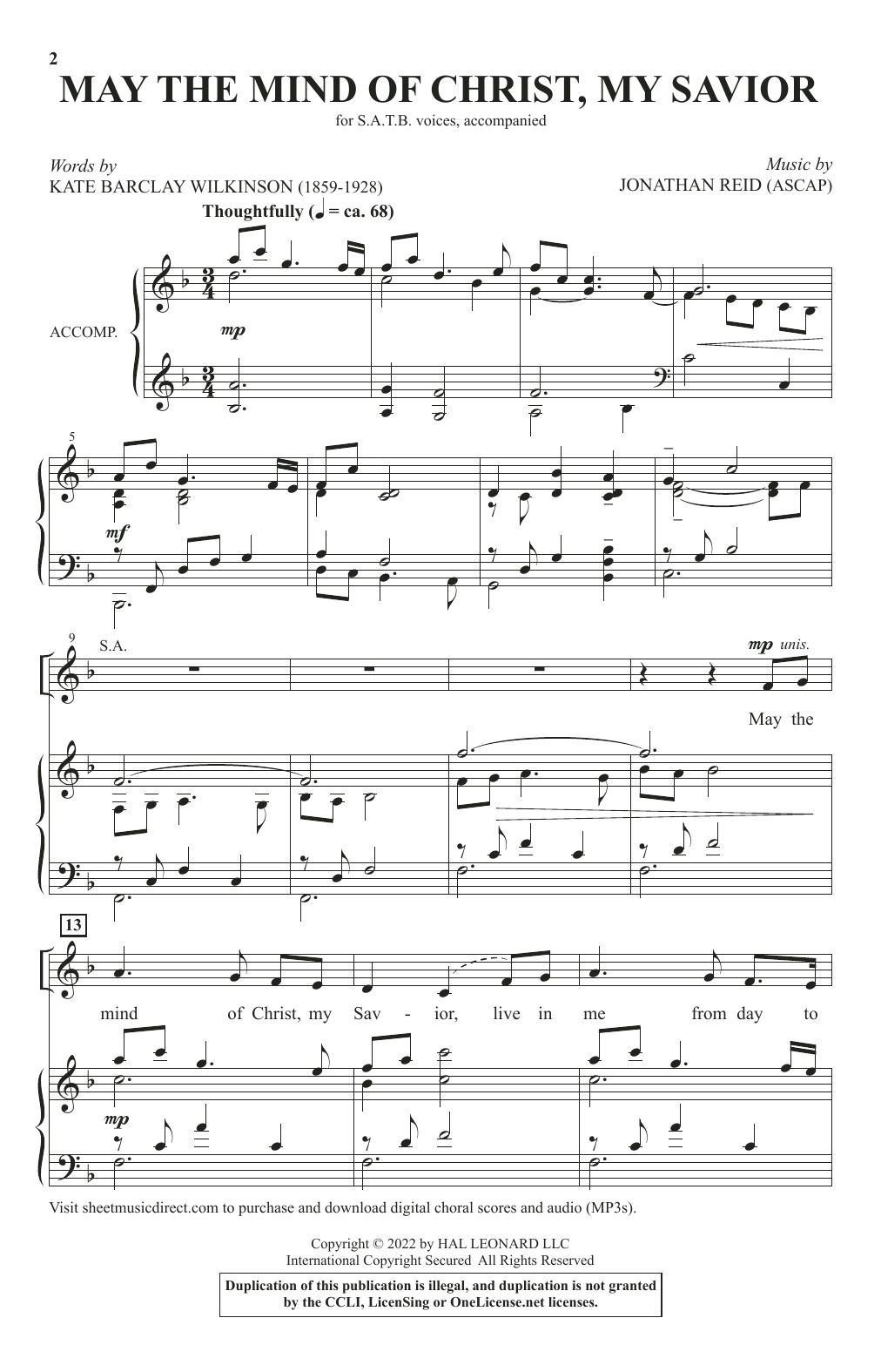 Kate Barclay Wilkinson and Jonathan Reid May The Mind Of Christ, My Savior sheet music notes and chords. Download Printable PDF.