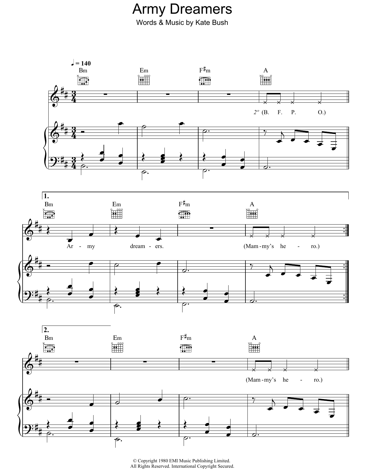 Kate Bush Army Dreamers sheet music notes and chords. Download Printable PDF.