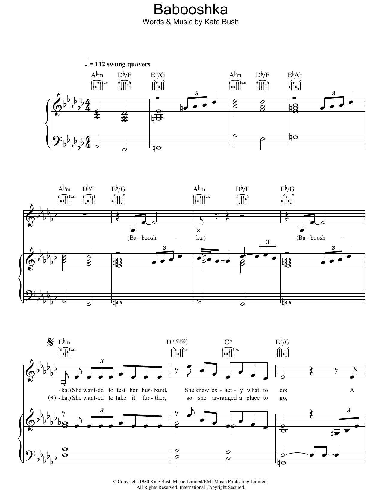 Kate Bush Babooshka sheet music notes and chords. Download Printable PDF.