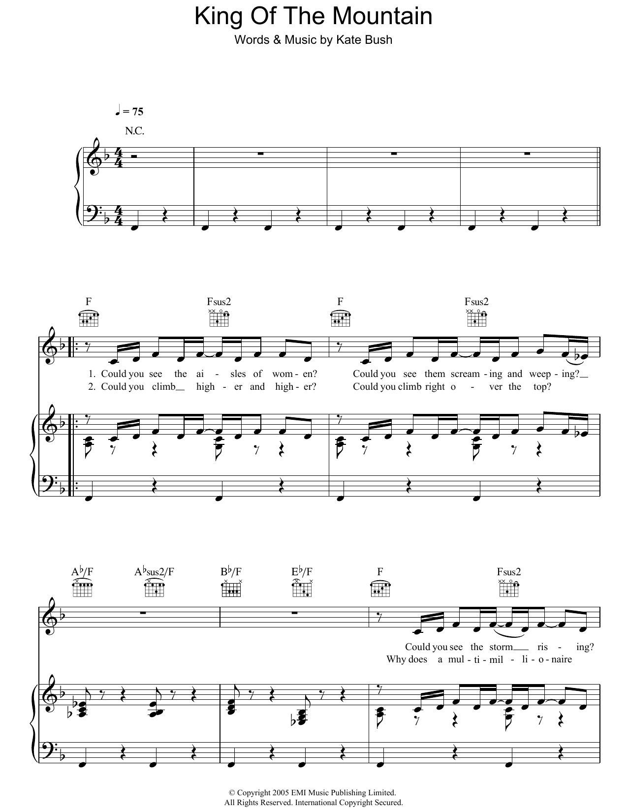 Kate Bush King Of The Mountain sheet music notes and chords. Download Printable PDF.