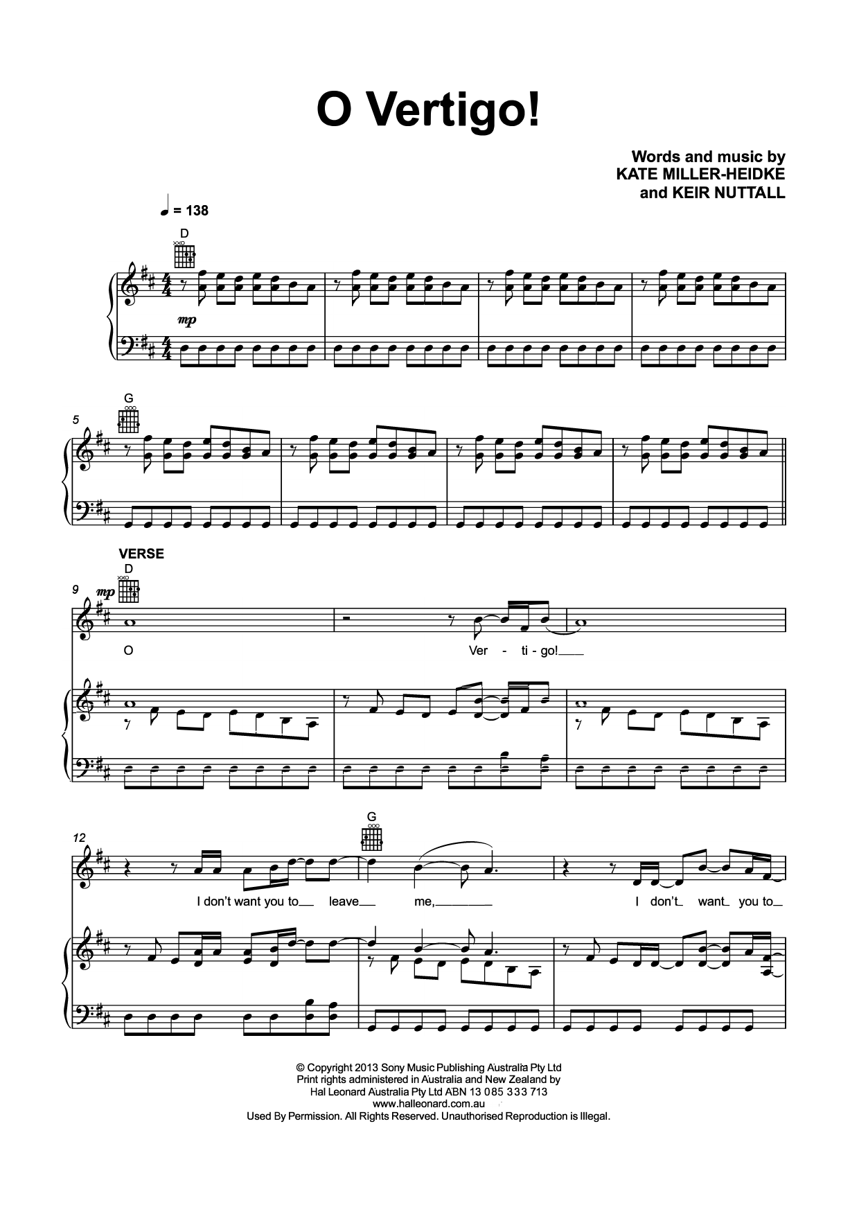 Kate Miller-Heidke O Vertigo! sheet music notes and chords. Download Printable PDF.