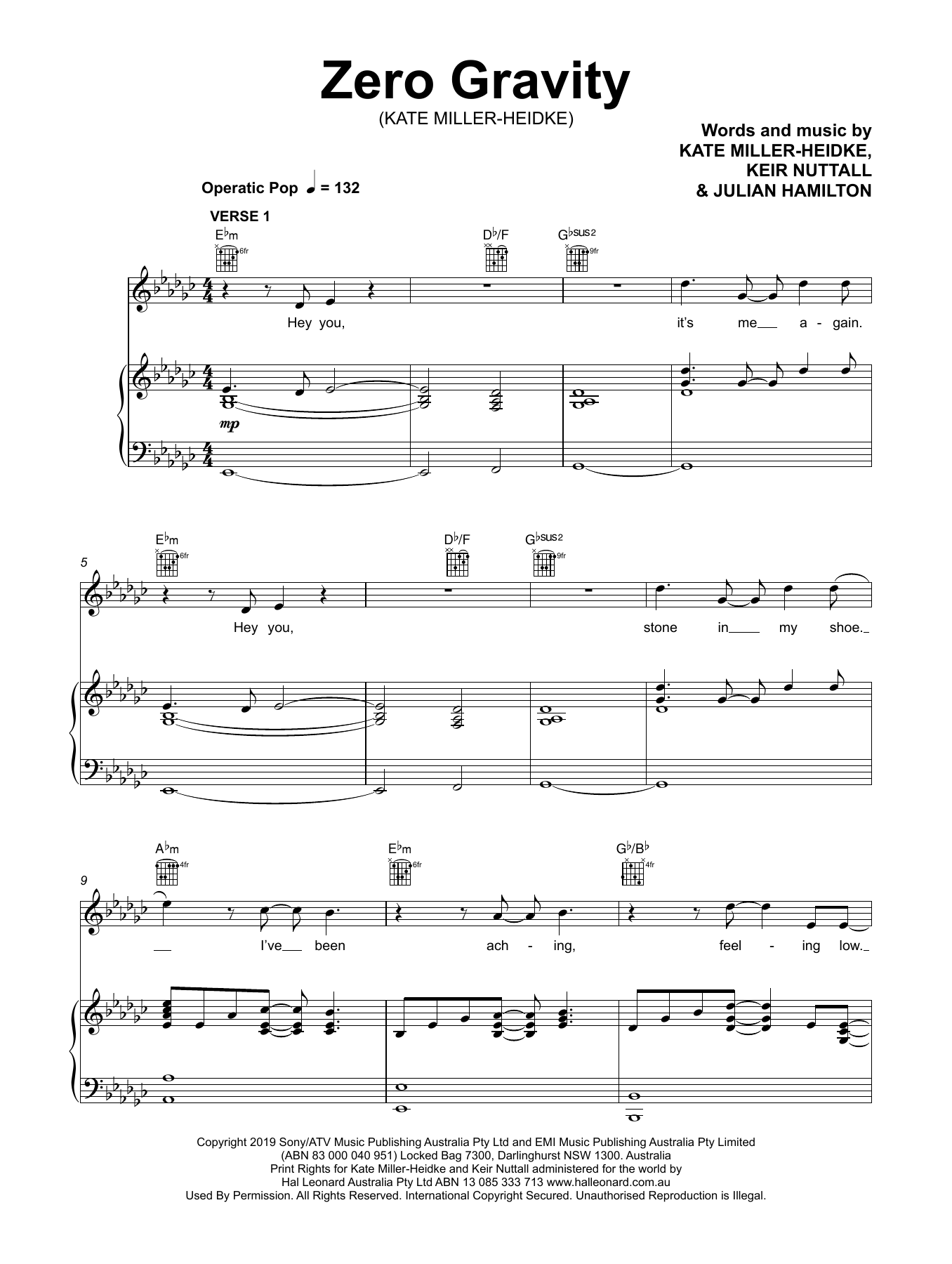 Learn to play Kate Miller-Heidke Zero Gravity sheet music for Piano, Vocal & Guitar Chords (Right-Hand Melody) in minutes. Price: 7.8900$ Kate Miller-Heidke Zero Gravity sheet music notes and chords arranged for Piano, Vocal & Guitar Chords (Right-Hand Melody)