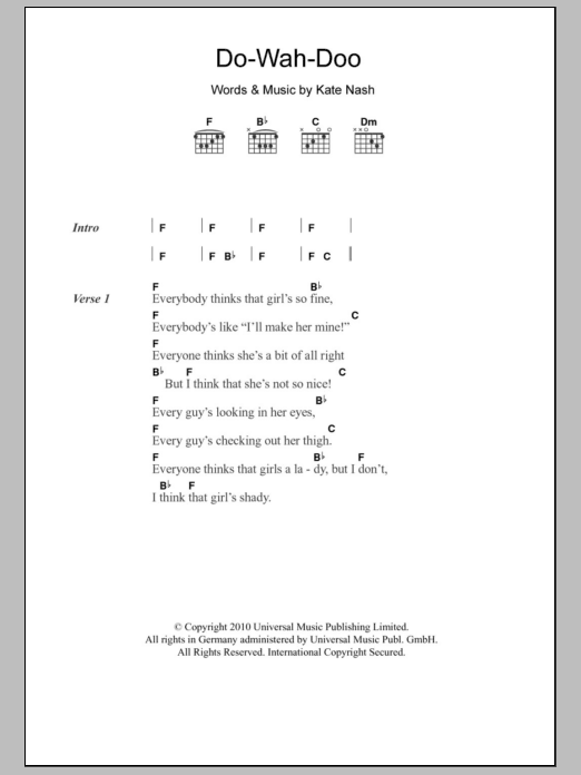 Kate Nash Do-Wah-Doo sheet music notes and chords arranged for Piano, Vocal & Guitar Chords