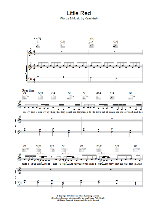 Learn to play Kate Nash Little Red sheet music for Piano, Vocal & Guitar Chords in minutes. Price: 7.8900$ Kate Nash Little Red sheet music notes and chords arranged for Piano, Vocal & Guitar Chords