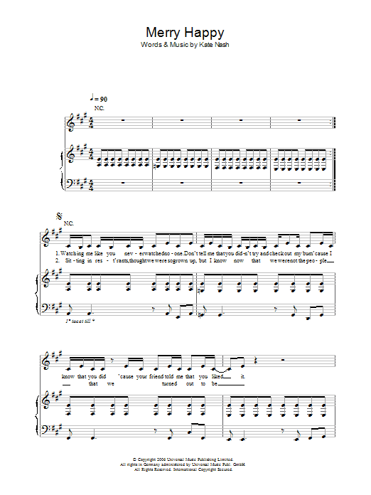 Kate Nash Merry Happy sheet music notes and chords arranged for Piano, Vocal & Guitar Chords