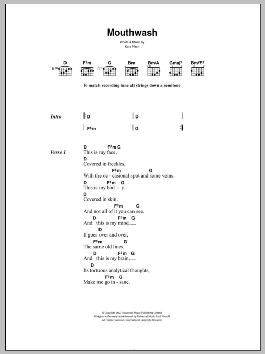 Kate Nash Mouthwash sheet music notes and chords arranged for Guitar Chords/Lyrics