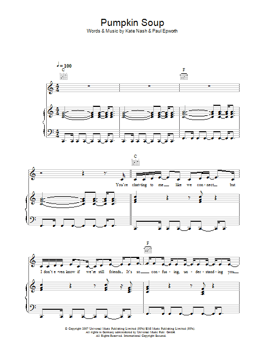 Learn to play Kate Nash Pumpkin Soup sheet music for Piano, Vocal & Guitar Chords in minutes. Price: 7.8900$ Kate Nash Pumpkin Soup sheet music notes and chords arranged for Piano, Vocal & Guitar Chords