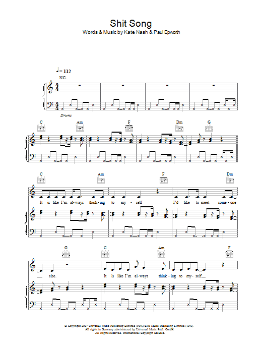 Learn to play Kate Nash Shit Song sheet music for Piano, Vocal & Guitar Chords in minutes. Price: 7.8900$ Kate Nash Shit Song sheet music notes and chords arranged for Piano, Vocal & Guitar Chords