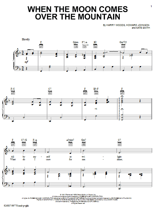 Learn to play Kate Smith When The Moon Comes Over The Mountain sheet music for Piano, Vocal & Guitar Chords (Right-Hand Melody) in minutes. Price: 7.8900$ Kate Smith When The Moon Comes Over The Mountain sheet music notes and chords arranged for Piano, Vocal & Guitar Chords (Right-Hand Melody)
