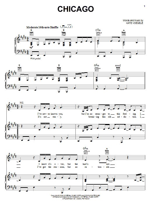 Learn to play Kate Voegele Chicago sheet music for Piano, Vocal & Guitar Chords (Right-Hand Melody) in minutes. Price: 7.8900$ Kate Voegele Chicago sheet music notes and chords arranged for Piano, Vocal & Guitar Chords (Right-Hand Melody)