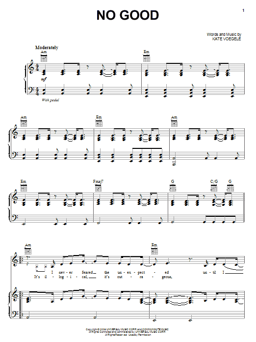 Learn to play Kate Voegele No Good sheet music for Piano, Vocal & Guitar Chords (Right-Hand Melody) in minutes. Price: 7.8900$ Kate Voegele No Good sheet music notes and chords arranged for Piano, Vocal & Guitar Chords (Right-Hand Melody)