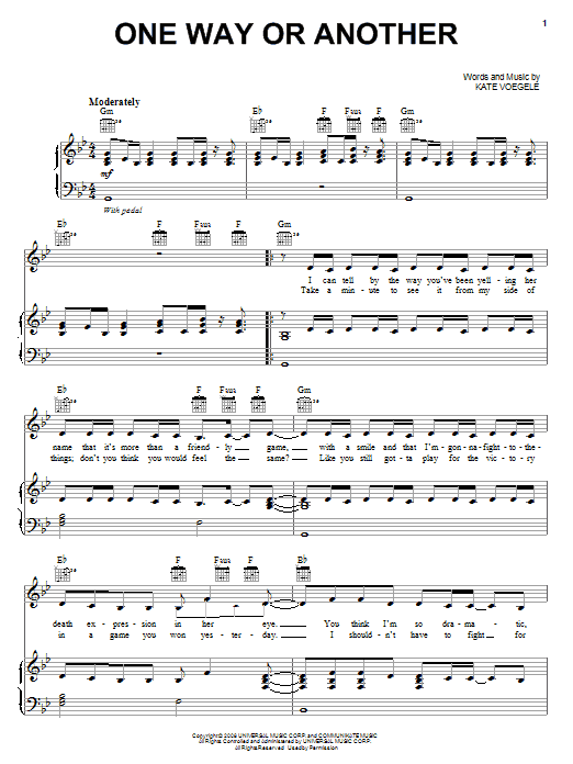 Learn to play Kate Voegele One Way Or Another sheet music for Piano, Vocal & Guitar Chords (Right-Hand Melody) in minutes. Price: 7.8900$ Kate Voegele One Way Or Another sheet music notes and chords arranged for Piano, Vocal & Guitar Chords (Right-Hand Melody)