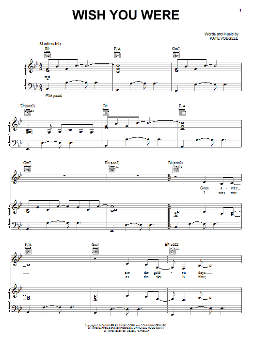 Learn to play Kate Voegele Wish You Were sheet music for Piano, Vocal & Guitar Chords (Right-Hand Melody) in minutes. Price: 7.8900$ Kate Voegele Wish You Were sheet music notes and chords arranged for Piano, Vocal & Guitar Chords (Right-Hand Melody)