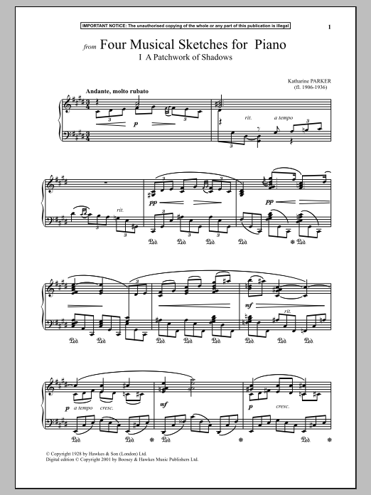 Katharine Parker Four Musical Sketches For Piano, A Patchwork Of Shadows sheet music notes and chords arranged for Piano Solo