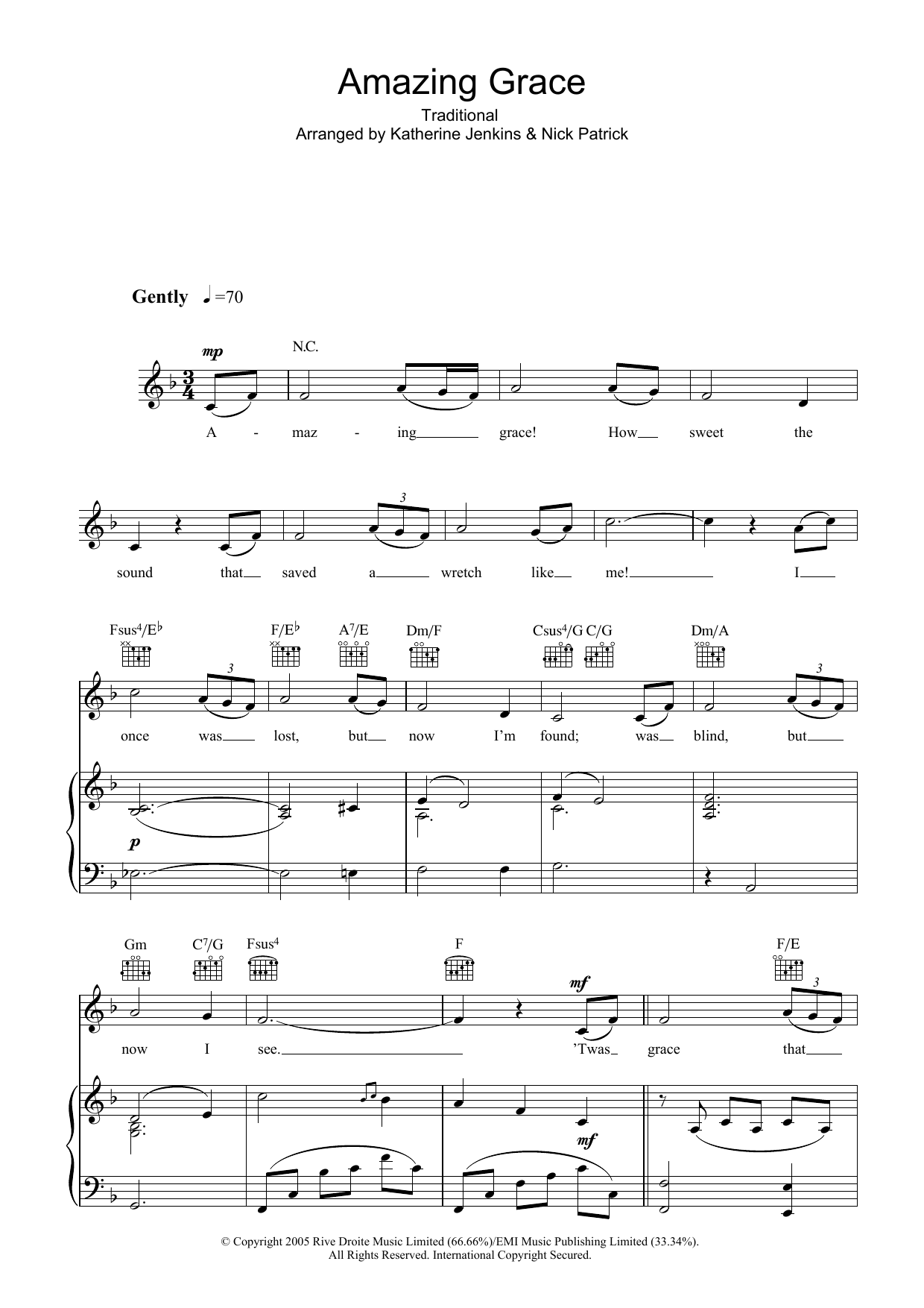 Katherine Jenkins Amazing Grace sheet music notes and chords arranged for Piano, Vocal & Guitar Chords