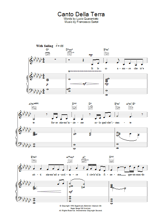 Katherine Jenkins Canto Della Terra sheet music notes and chords arranged for Piano, Vocal & Guitar Chords