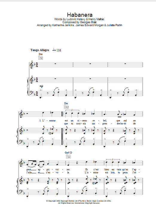 Learn to play Katherine Jenkins Habanera (from Carmen) sheet music for Piano, Vocal & Guitar Chords in minutes. Price: 7.8900$ Katherine Jenkins Habanera (from Carmen) sheet music notes and chords arranged for Piano, Vocal & Guitar Chords