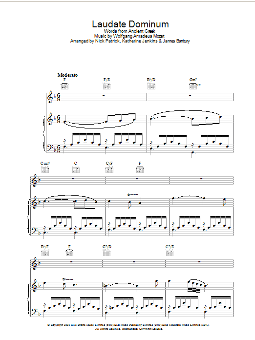 Katherine Jenkins Laudate Dominum sheet music notes and chords. Download Printable PDF.