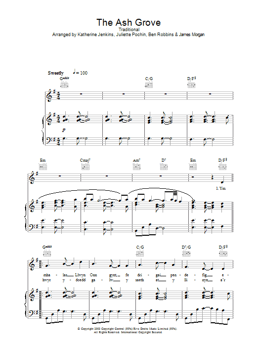 Learn to play Katherine Jenkins The Ash Grove (Llwyn On) sheet music for Piano, Vocal & Guitar Chords in minutes. Price: 7.8900$ Katherine Jenkins The Ash Grove (Llwyn On) sheet music notes and chords arranged for Piano, Vocal & Guitar Chords