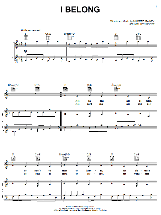 Learn to play Kathryn Scott I Belong sheet music for Piano, Vocal & Guitar Chords (Right-Hand Melody) in minutes. Price: 7.8900$ Kathryn Scott I Belong sheet music notes and chords arranged for Piano, Vocal & Guitar Chords (Right-Hand Melody)