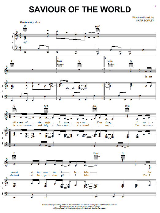 Learn to play Katia Bowley Saviour Of The World sheet music for Piano, Vocal & Guitar Chords (Right-Hand Melody) in minutes. Price: 7.8900$ Katia Bowley Saviour Of The World sheet music notes and chords arranged for Piano, Vocal & Guitar Chords (Right-Hand Melody)
