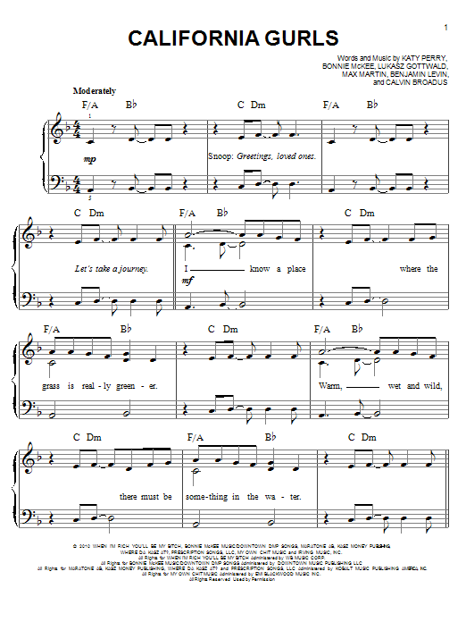 Katy Perry California Gurls sheet music notes and chords. Download Printable PDF.