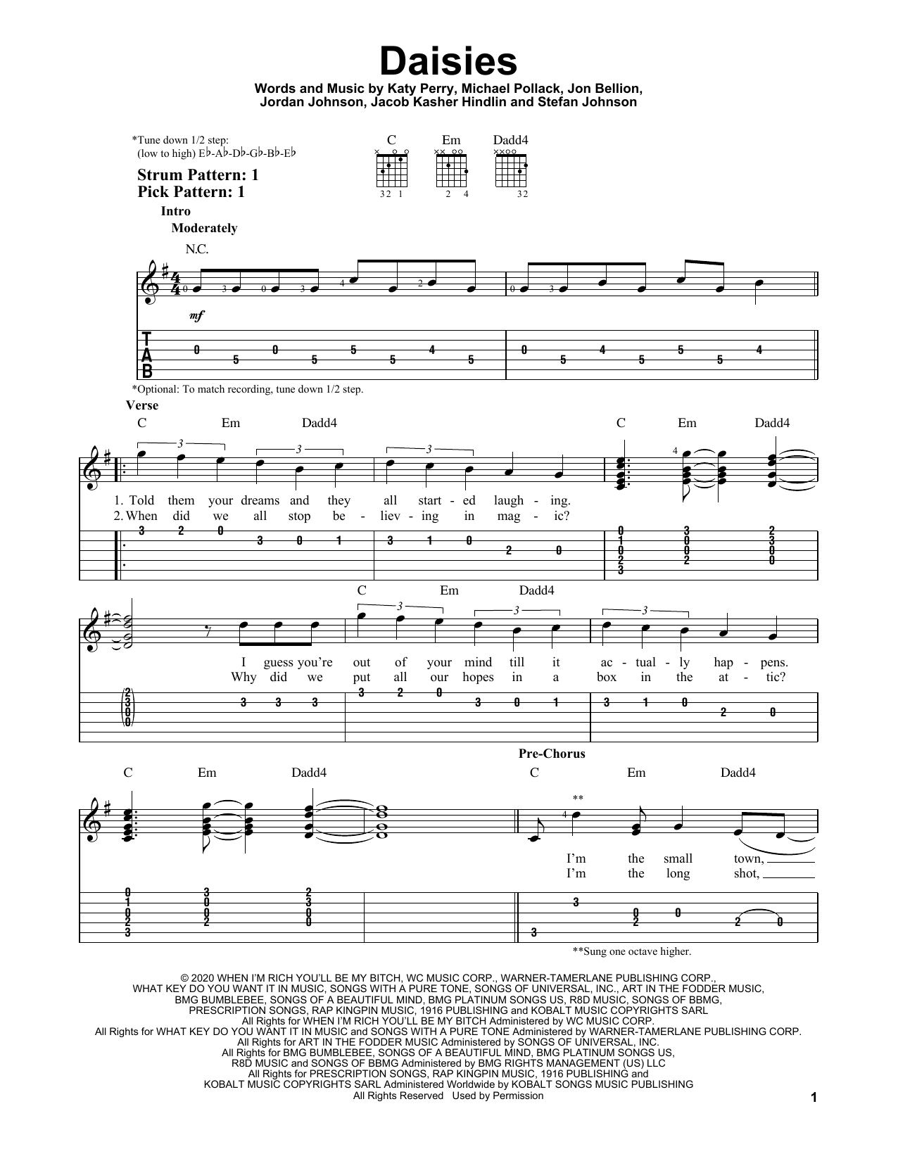 Katy Perry Daisies sheet music notes and chords. Download Printable PDF.