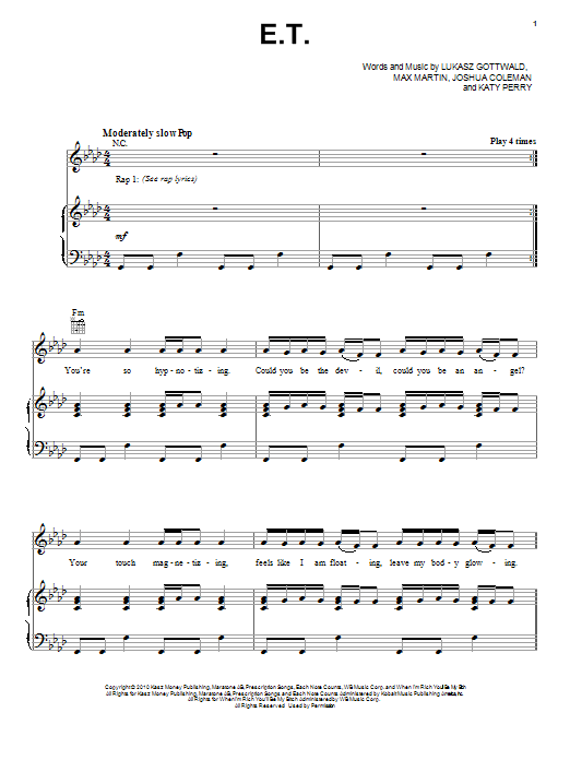 Katy Perry E.T. sheet music notes and chords. Download Printable PDF.