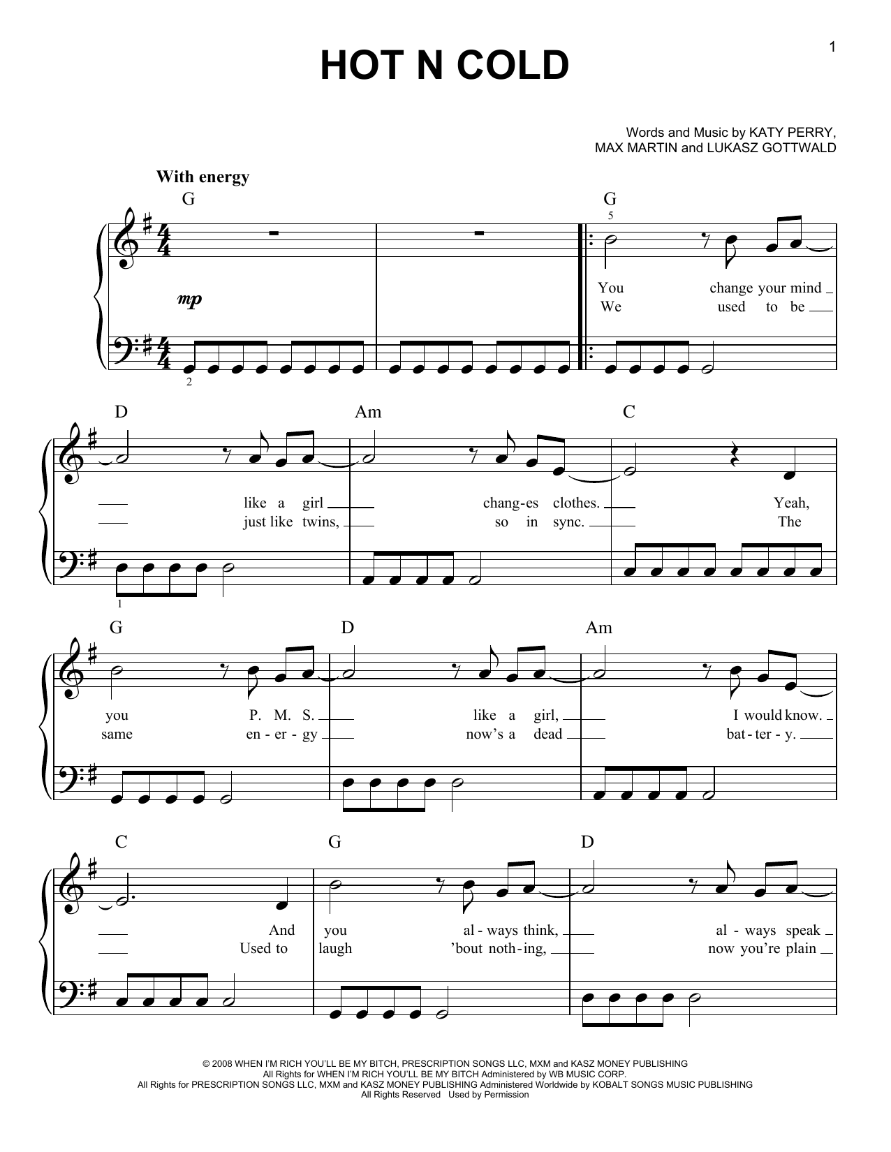 Katy Perry Hot N Cold sheet music notes and chords. Download Printable PDF.