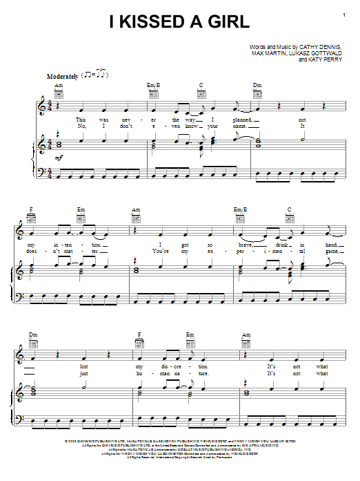 Katy Perry I Kissed A Girl sheet music notes and chords. Download Printable PDF.