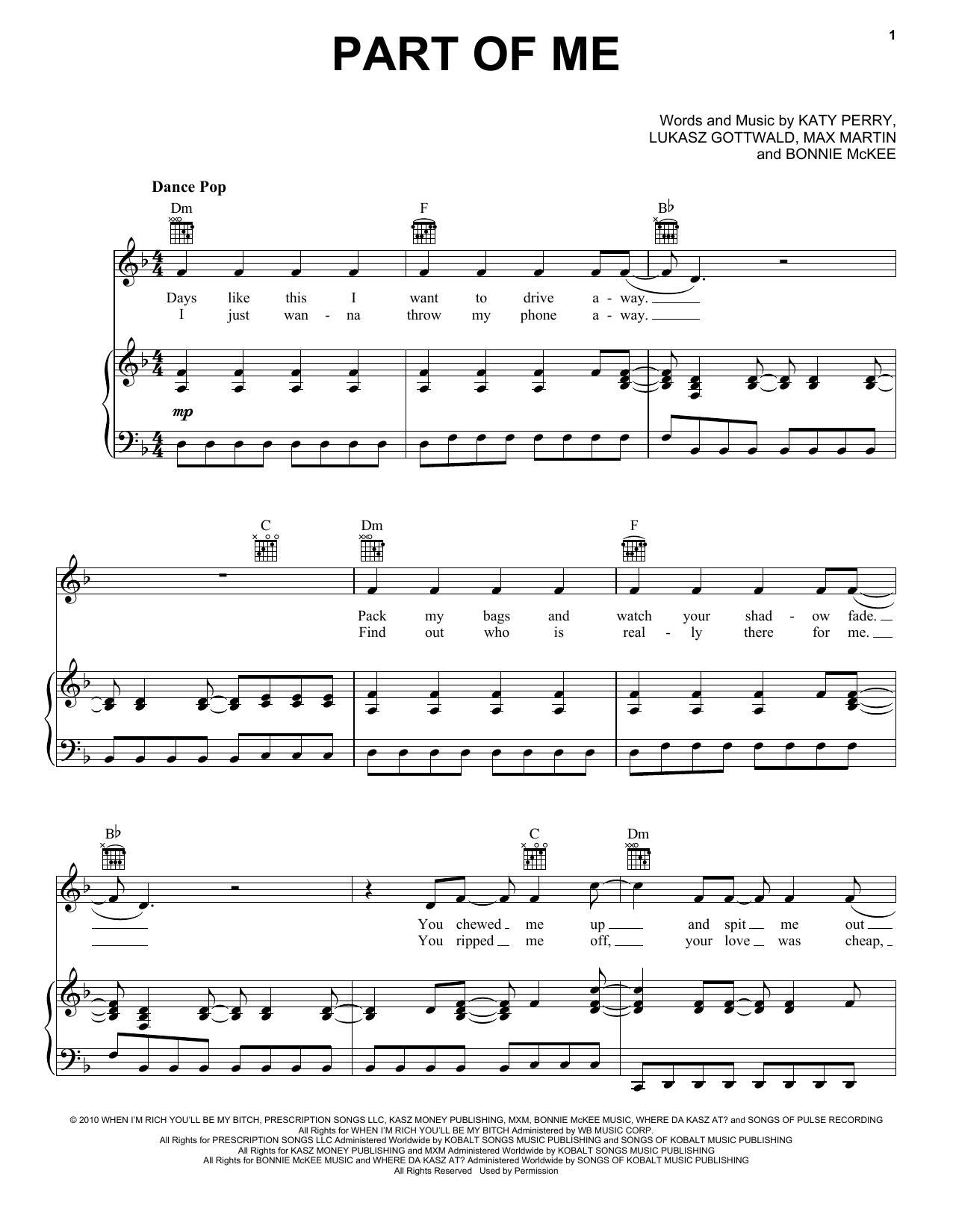 Katy Perry Part Of Me sheet music notes and chords. Download Printable PDF.