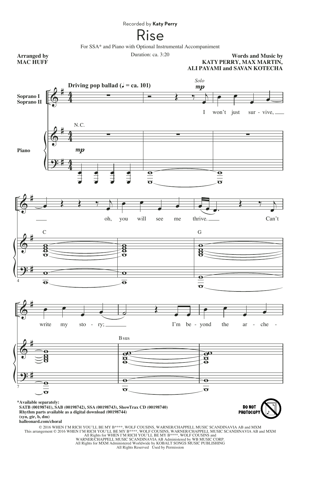 Katy Perry Rise (arr. Mac Huff) sheet music notes and chords. Download Printable PDF.