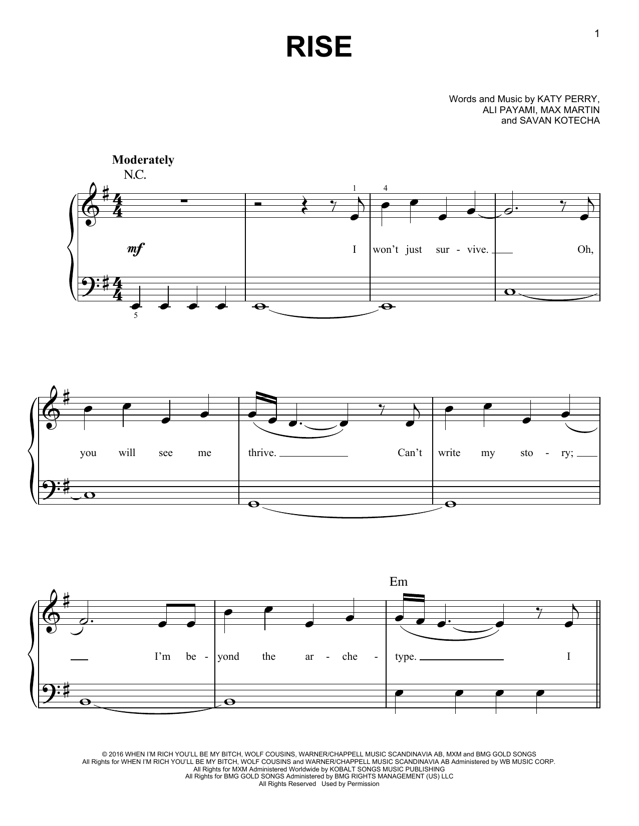 Katy Perry Rise sheet music notes and chords. Download Printable PDF.