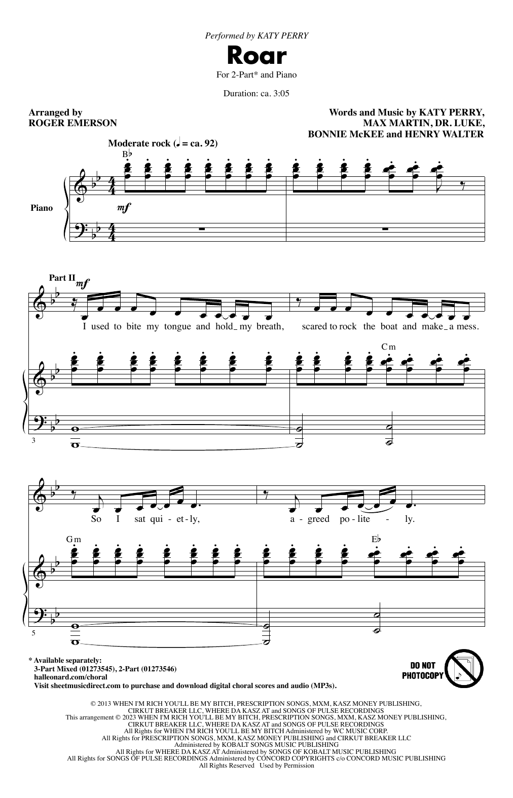 Katy Perry Roar (arr. Roger Emerson) sheet music notes and chords. Download Printable PDF.