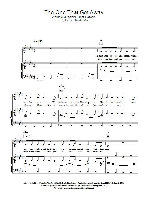 Katy Perry The One That Got Away sheet music notes and chords. Download Printable PDF.