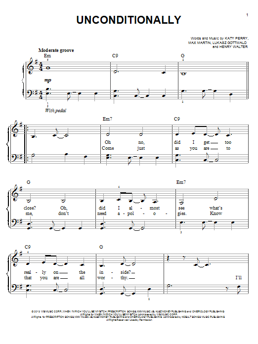 Katy Perry Unconditionally sheet music notes and chords. Download Printable PDF.