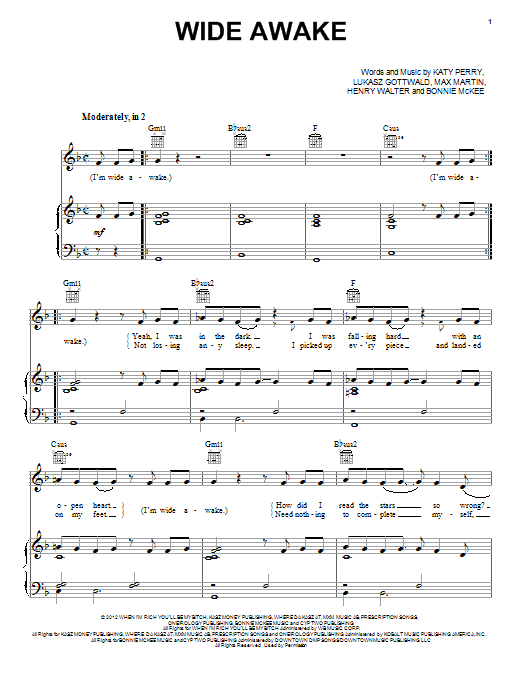 Katy Perry Wide Awake sheet music notes and chords. Download Printable PDF.