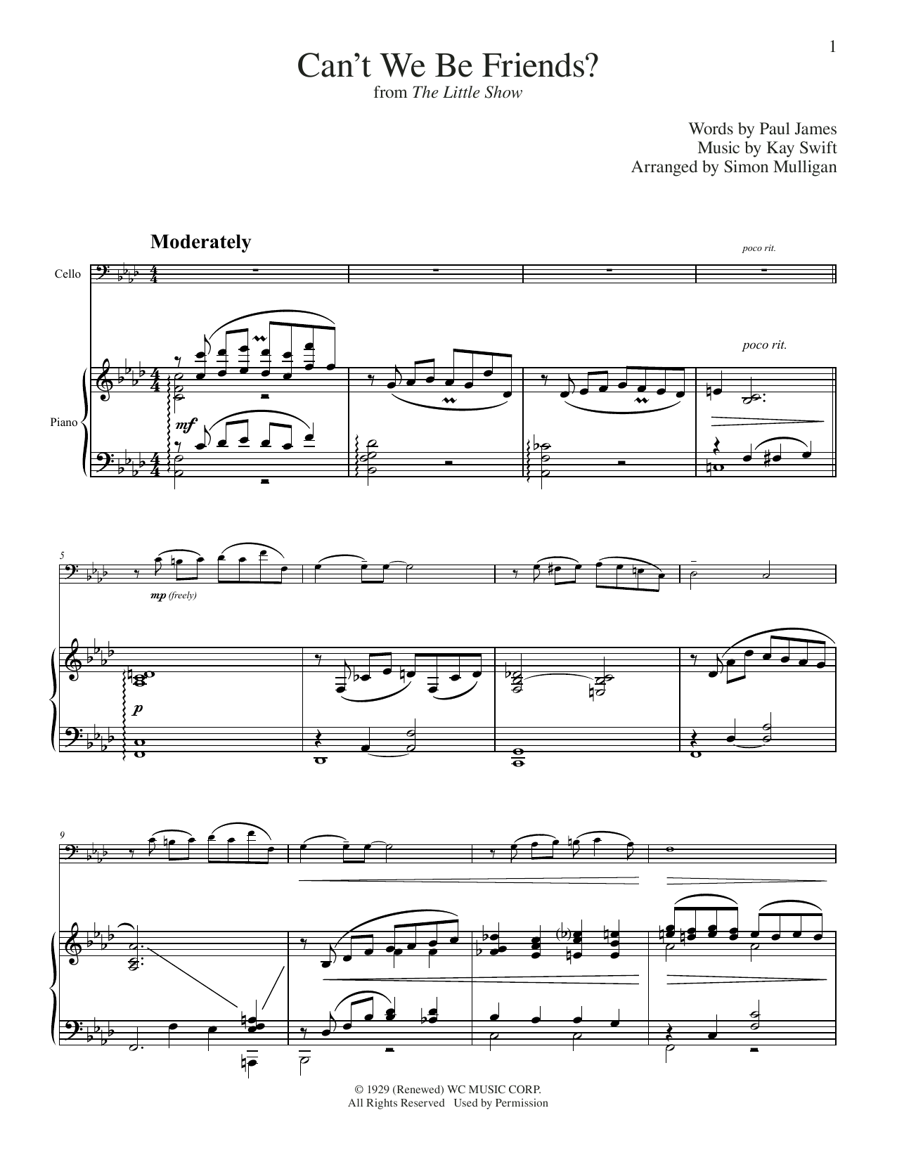 Learn to play Kay Swift Can't We Be Friends (from The Little Show) (arr. Simon Mulligan) sheet music for Cello and Piano in minutes. Price: 8.9900$ Kay Swift Can't We Be Friends (from The Little Show) (arr. Simon Mulligan) sheet music notes and chords arranged for Cello and Piano