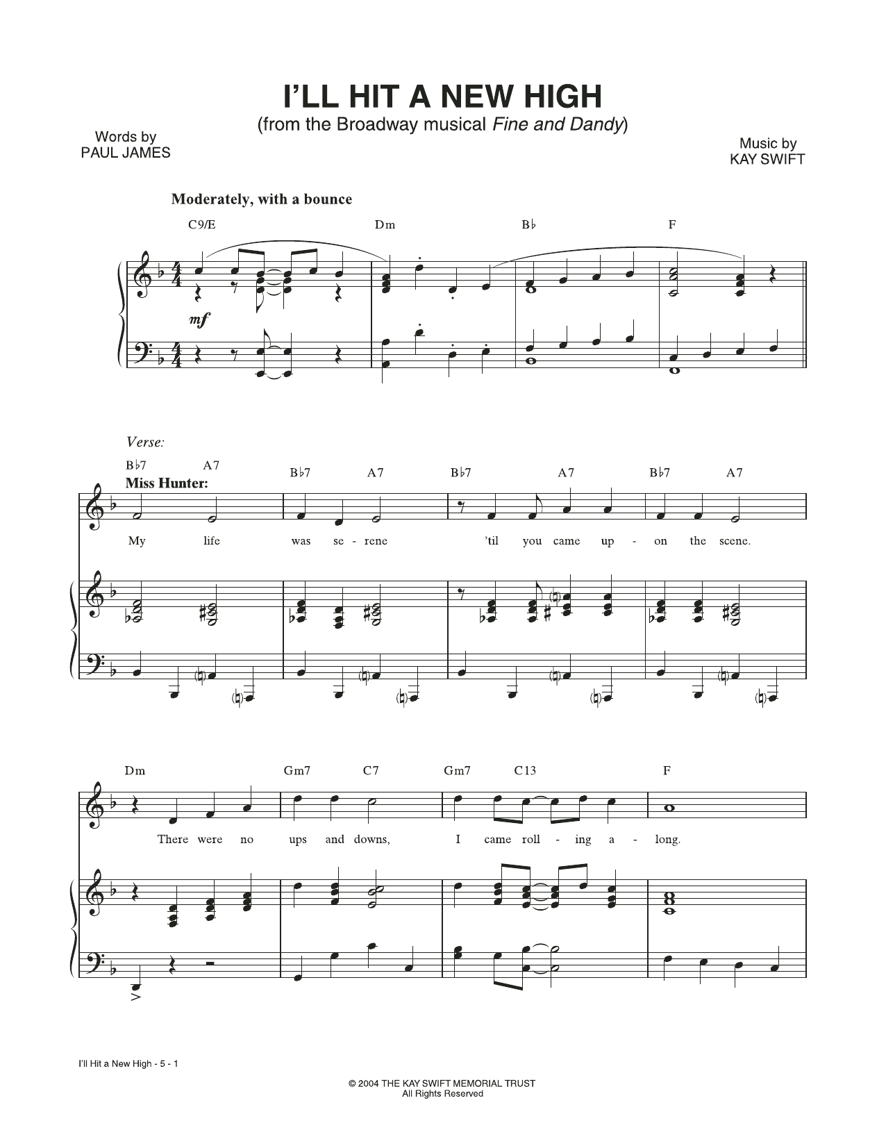 Kay Swift & Paul James I'll Hit A New High (from the musical Fine and Dandy) sheet music notes and chords. Download Printable PDF.