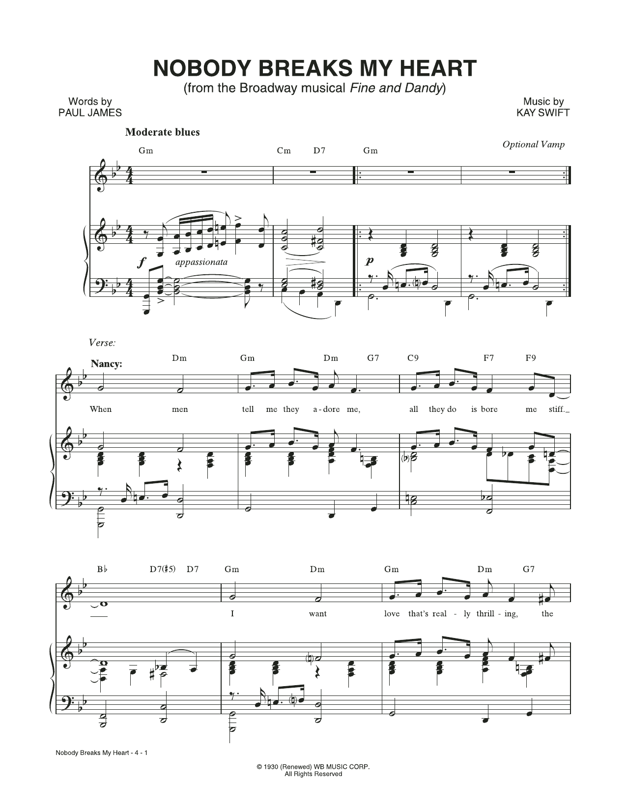 Kay Swift & Paul James Nobody Breaks My Heart (from the musical Fine and Dandy) sheet music notes and chords. Download Printable PDF.