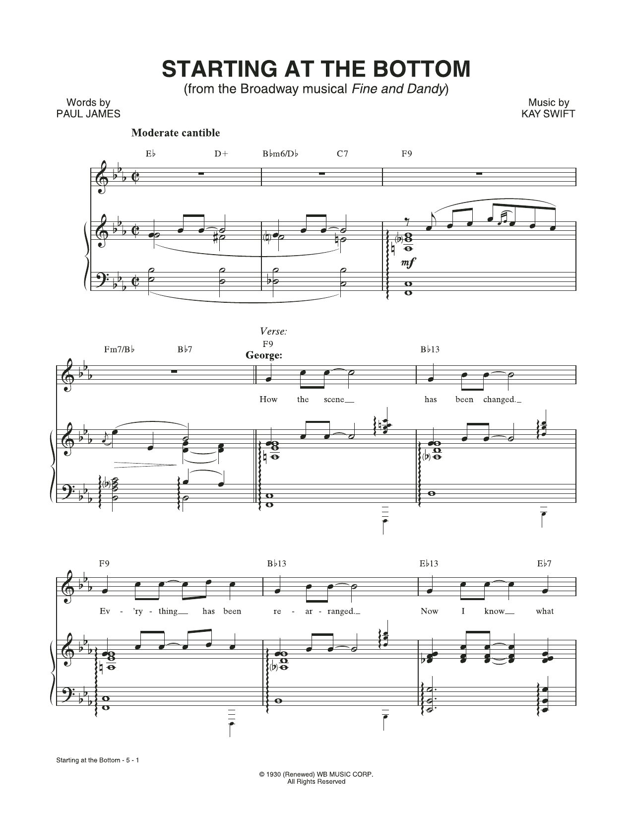 Kay Swift & Paul James Starting At The Bottom (from the musical Fine and Dandy) sheet music notes and chords. Download Printable PDF.