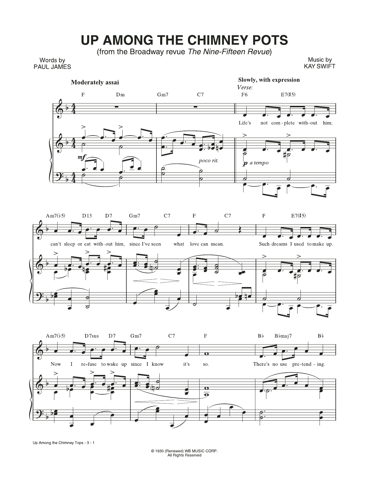 Learn to play Kay Swift & Paul James Up Among The Chimney Pots (from The Nine-Fifteen Revue) sheet music for Piano & Vocal in minutes. Price: 7.8900$ Kay Swift & Paul James Up Among The Chimney Pots (from The Nine-Fifteen Revue) sheet music notes and chords arranged for Piano & Vocal