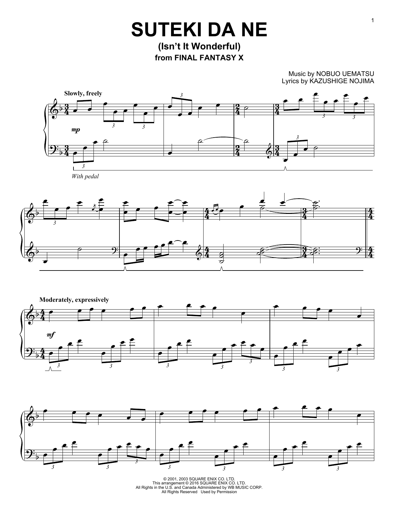 Learn to play Kazushige Nojima Suteki Da Ne (Isn't It Wonderful) (from Final Fantasy X) sheet music for Piano Solo in minutes. Price: 7.8900$ Kazushige Nojima Suteki Da Ne (Isn't It Wonderful) (from Final Fantasy X) sheet music notes and chords arranged for Piano Solo