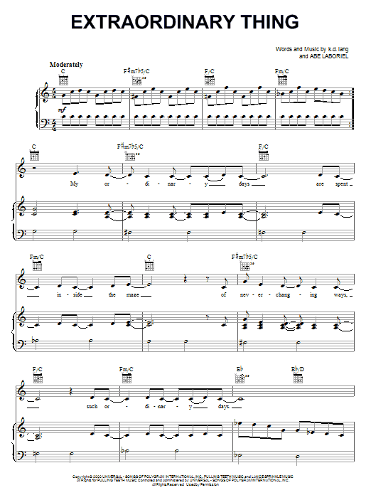 k.d. lang Extraordinary Thing sheet music notes and chords. Download Printable PDF.