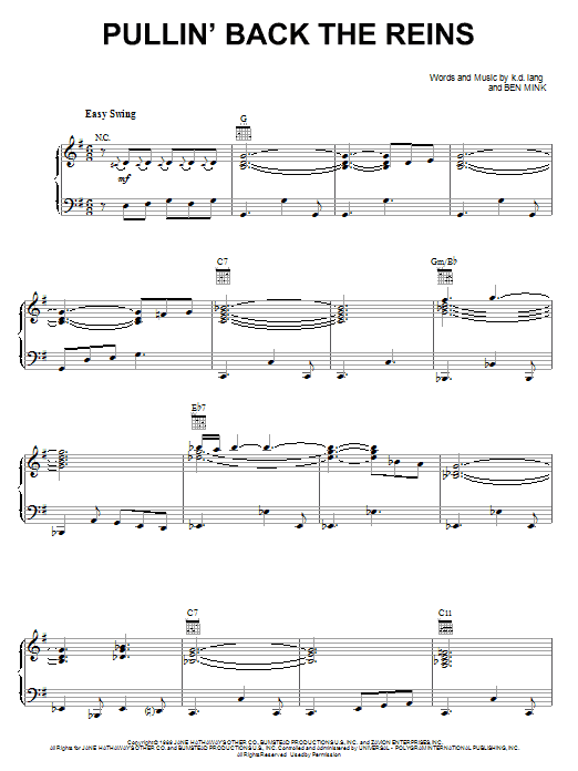 k.d. lang Pullin' Back The Reins sheet music notes and chords. Download Printable PDF.