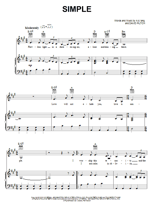 Learn to play k.d. lang Simple sheet music for Piano, Vocal & Guitar Chords (Right-Hand Melody) in minutes. Price: 7.8900$ k.d. lang Simple sheet music notes and chords arranged for Piano, Vocal & Guitar Chords (Right-Hand Melody)