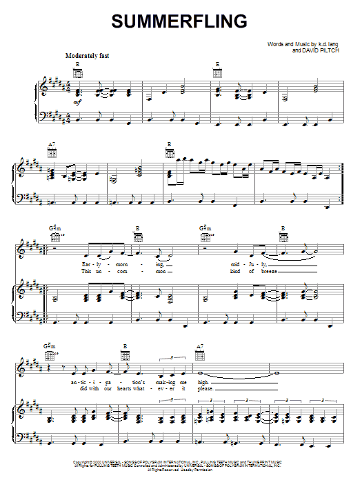 Learn to play k.d. lang Summerfling sheet music for Piano, Vocal & Guitar Chords (Right-Hand Melody) in minutes. Price: 7.8900$ k.d. lang Summerfling sheet music notes and chords arranged for Piano, Vocal & Guitar Chords (Right-Hand Melody)