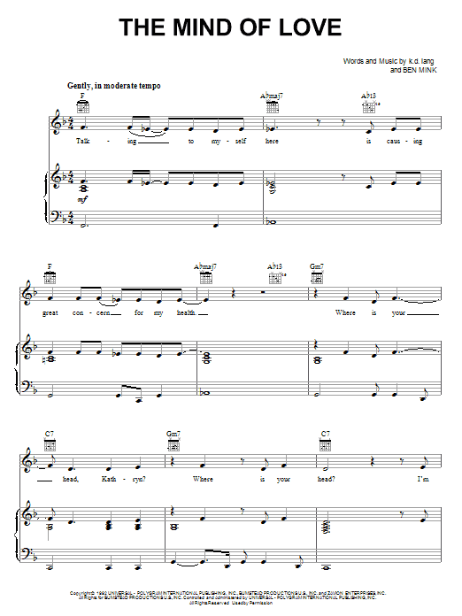 k.d. lang The Mind Of Love sheet music notes and chords arranged for Piano, Vocal & Guitar Chords (Right-Hand Melody)