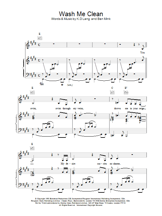 k.d. lang Wash Me Clean sheet music notes and chords. Download Printable PDF.